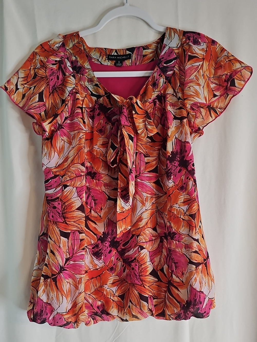 Sara Michelle Pink & Orange Floral Tie-Neck Blouse